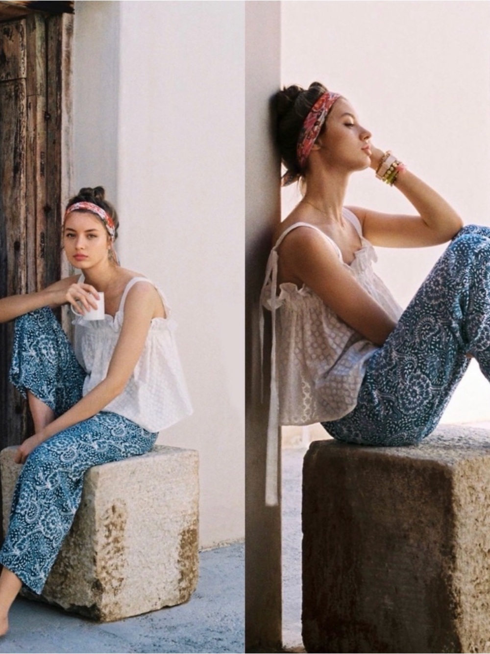 Anthropologie Maeve Anika‎ Knit Wide-Leg Pant Blue and White XS